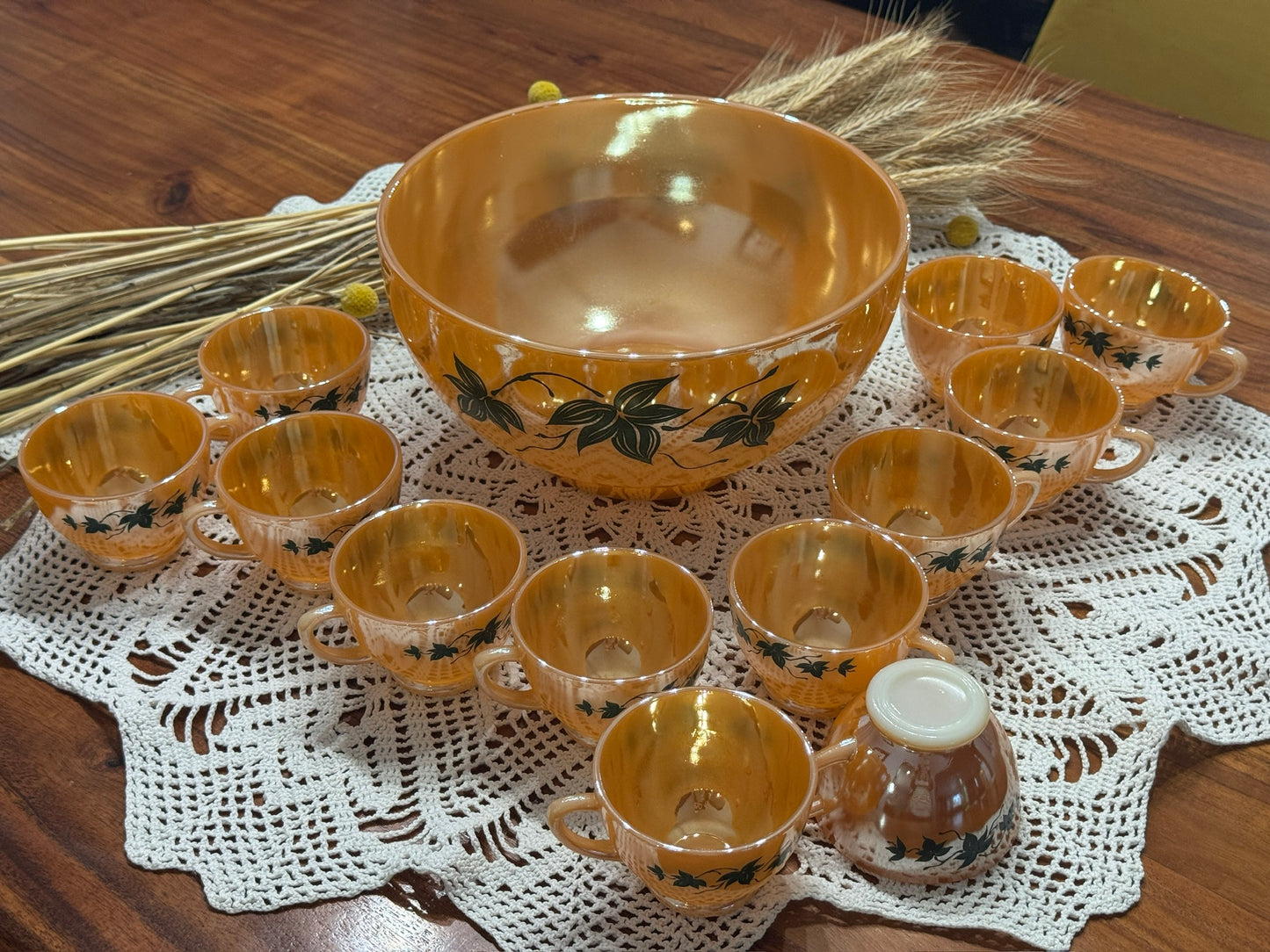 Anchor Hocking Fire-King Peach Luster 'Green Ivy' Punch Bowl Set