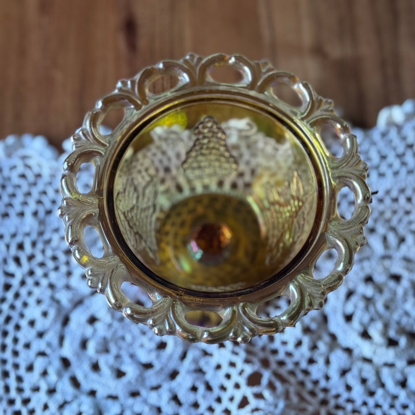 Indiana Glass Marigold Iridescent Harvest Grape Lace Edge Candy Dish/Compote