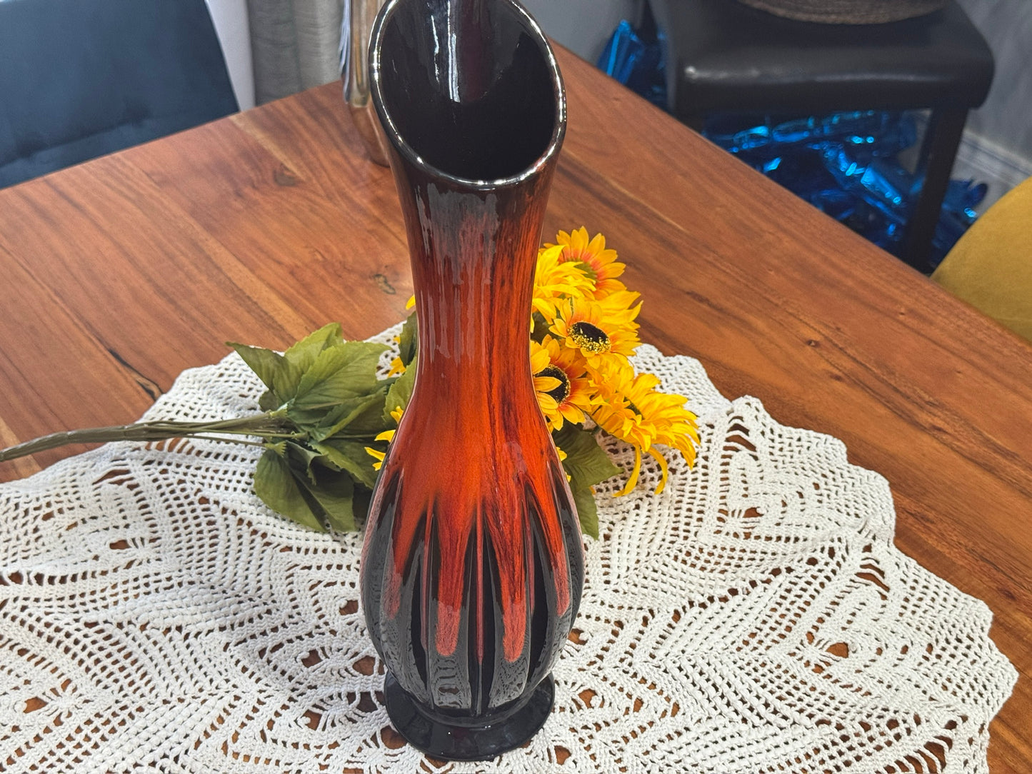 Vintage Orange/Black Drip Glaze Long Neck Vase