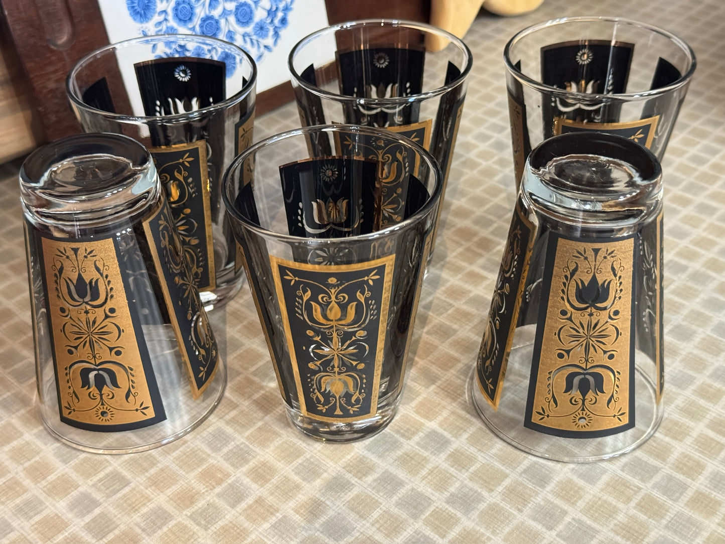 Dominion Glass Black & Gold Tulip Design Drinking Glasses (Set of 6)