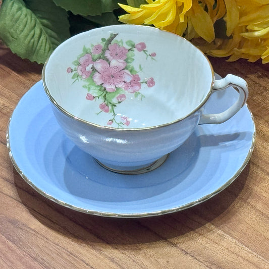 Royal Floral Baby Blue with Pink Cherry Blossom Teacup & Saucer