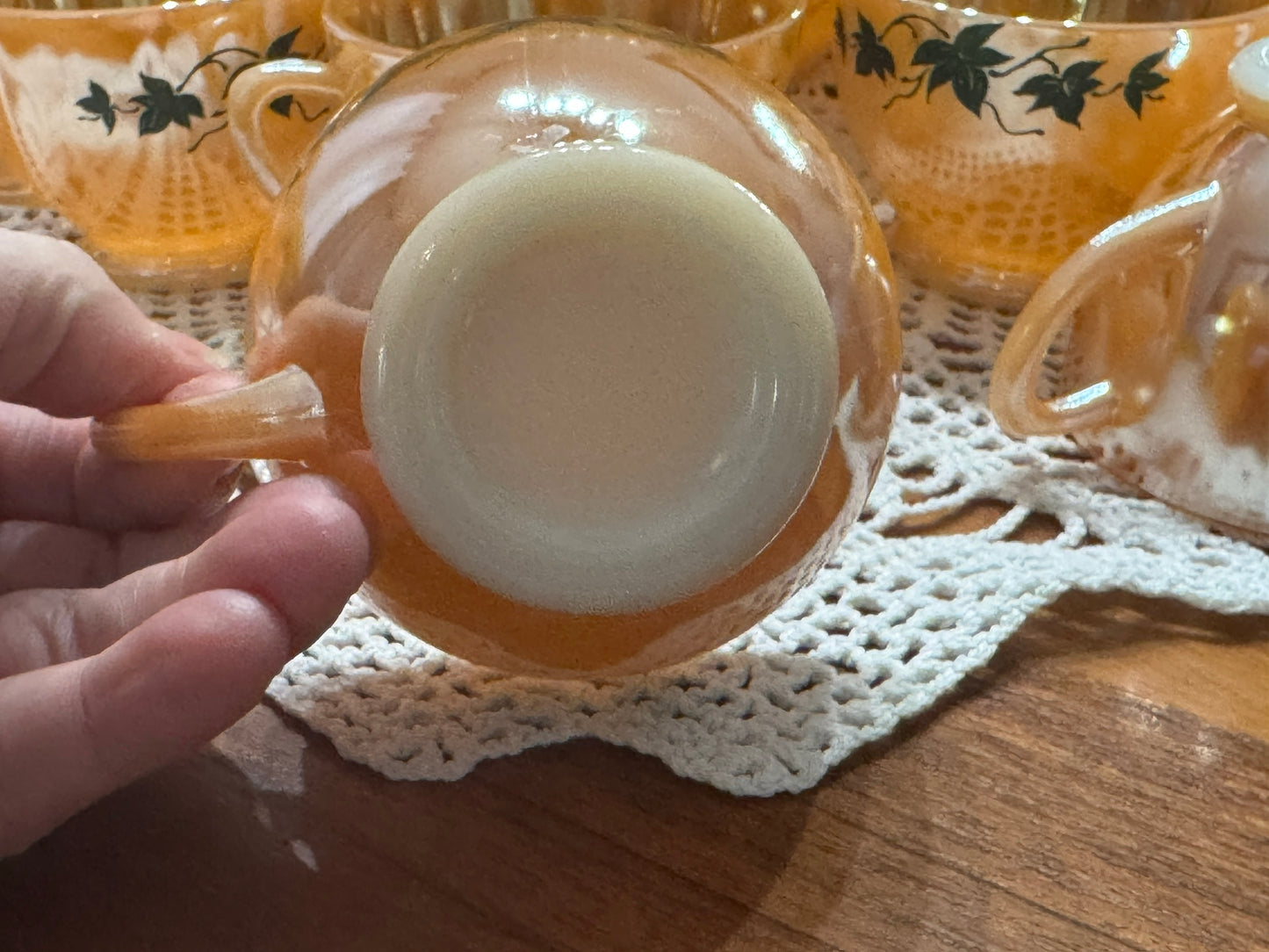 Anchor Hocking Fire-King Peach Luster 'Green Ivy' Punch Bowl Set
