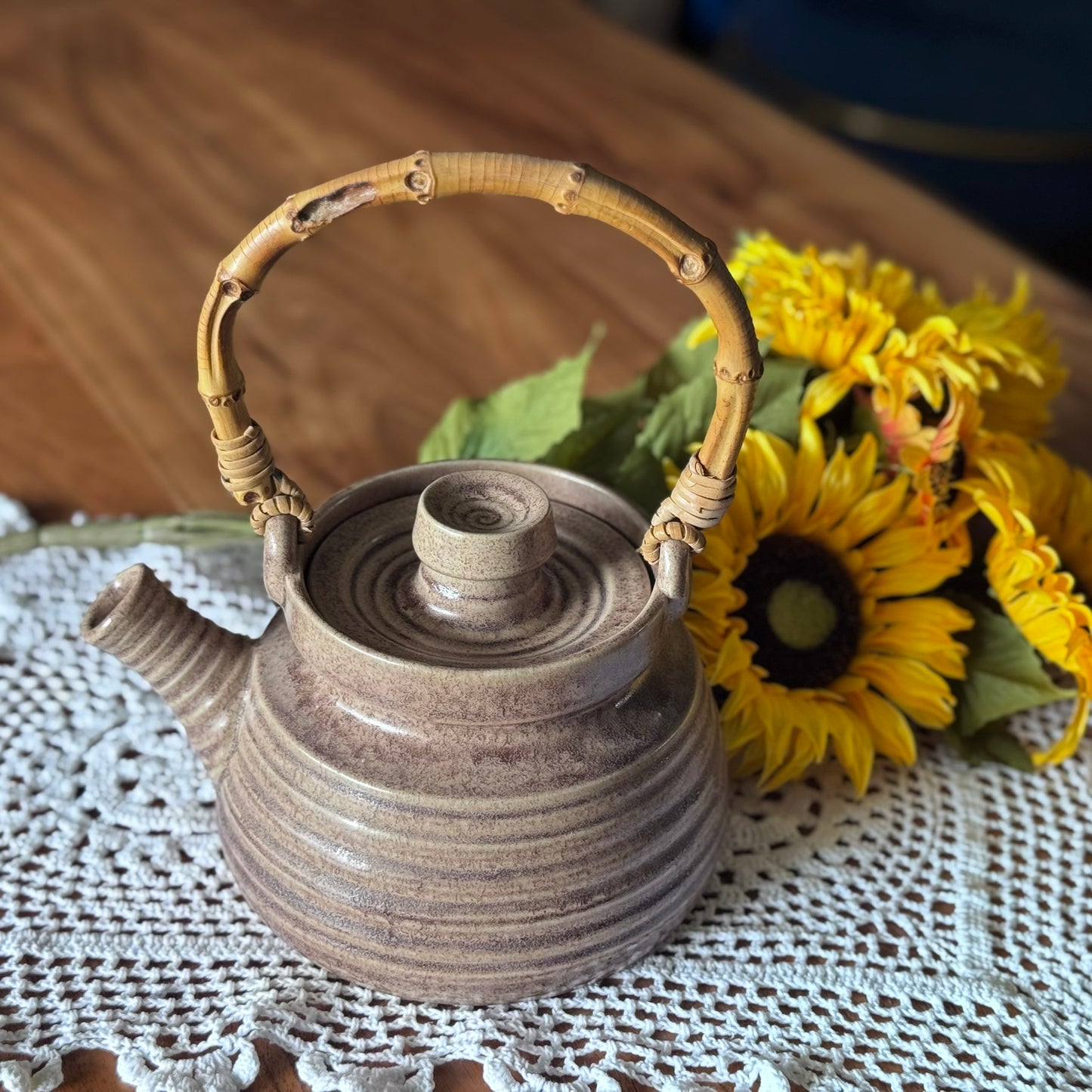 Brown Glazed Pottery & Bamboo Teapot