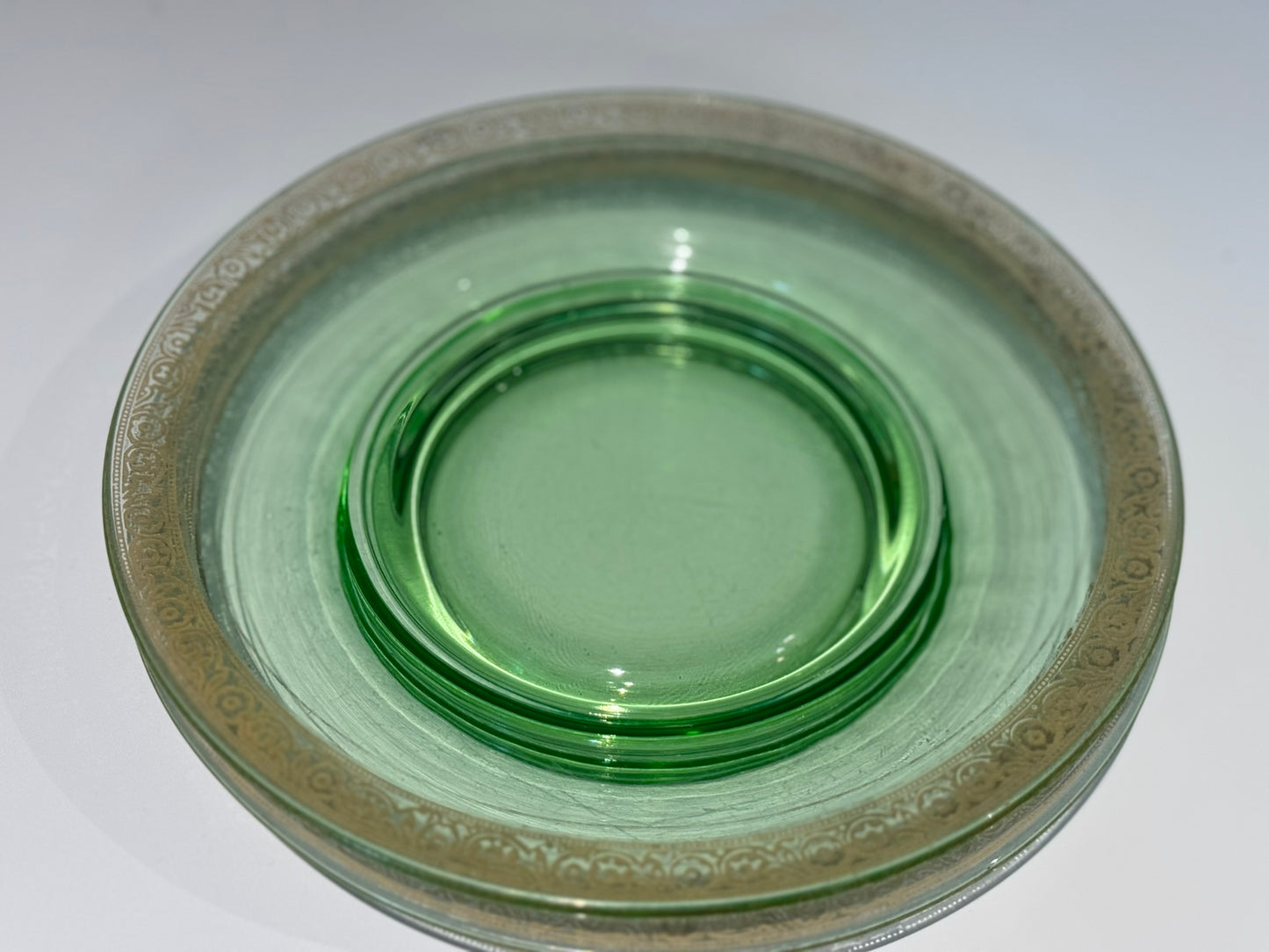 Green Depression Vaseline Uranium Glass Gold Trim Plates