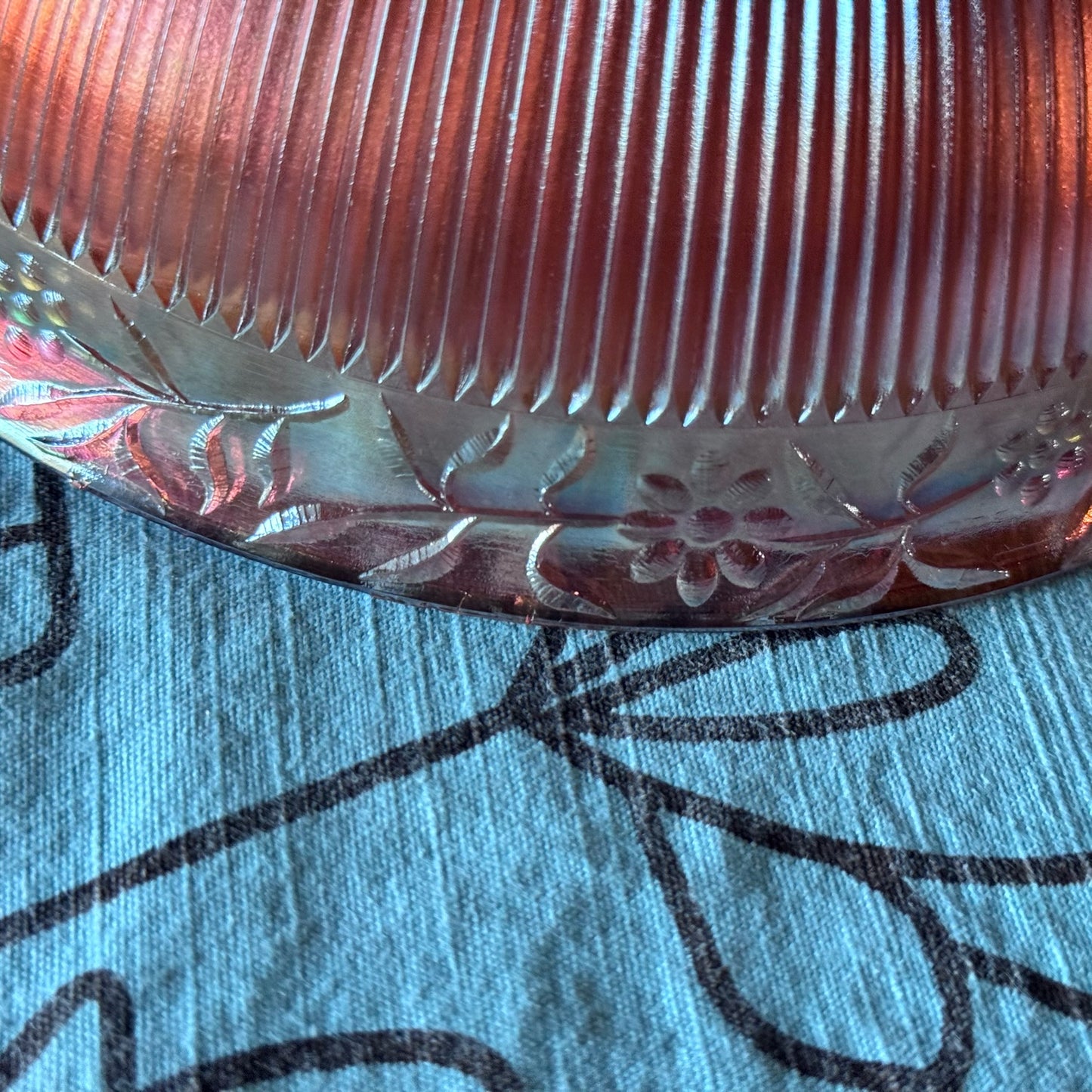 Carnival Glass Marigold/Orange Floral and Ribbed Bowl