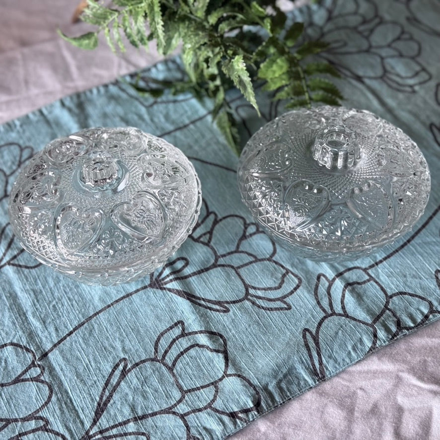 Small FNG Indonesia Glass Etched Fleur De Lis Hearts & Roses Dish