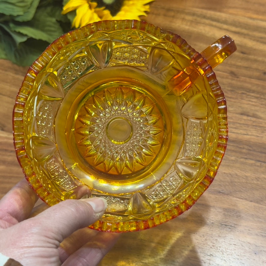 L.E. Smith Quintec Amberina Glass Handled Nappy Bowl/Candy Dish