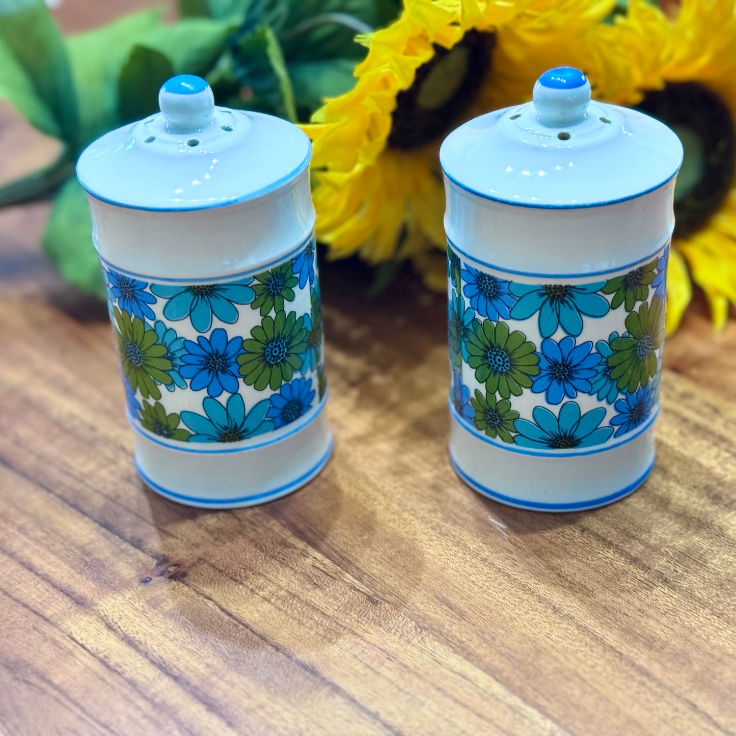 Flower Power Blue/Green/White Salt & Pepper Shakers