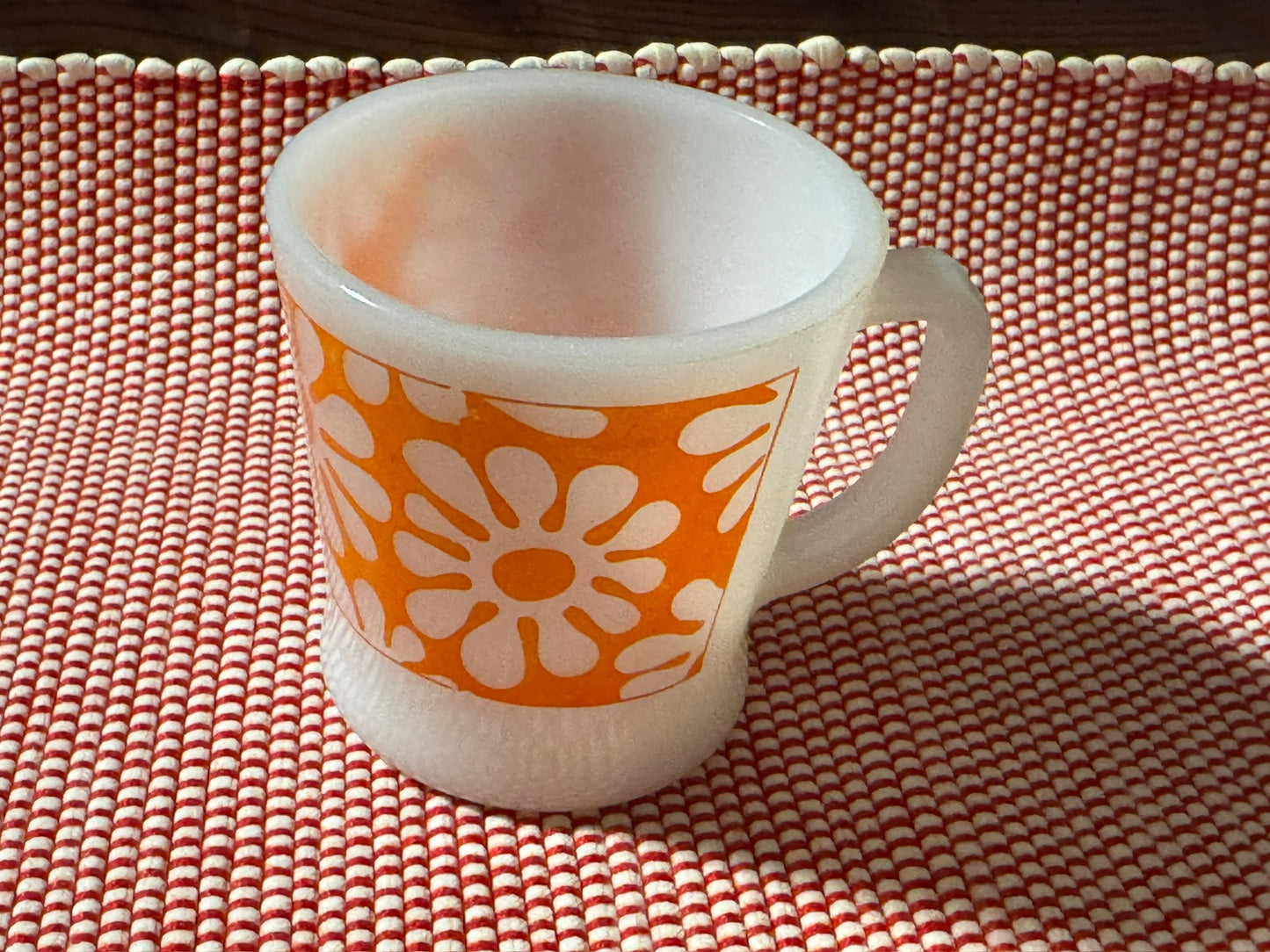 Anchor Hocking Fire-King Orange Flower Power Milk Glass Mug