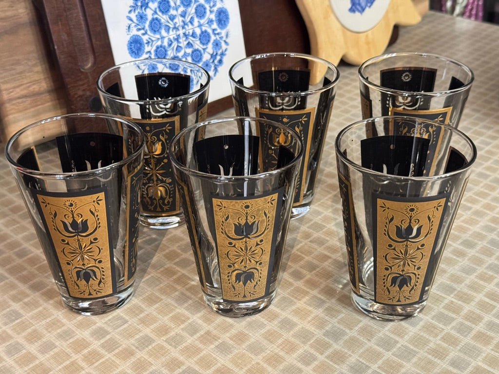 Dominion Glass Black & Gold Tulip Design Drinking Glasses (Set of 6)
