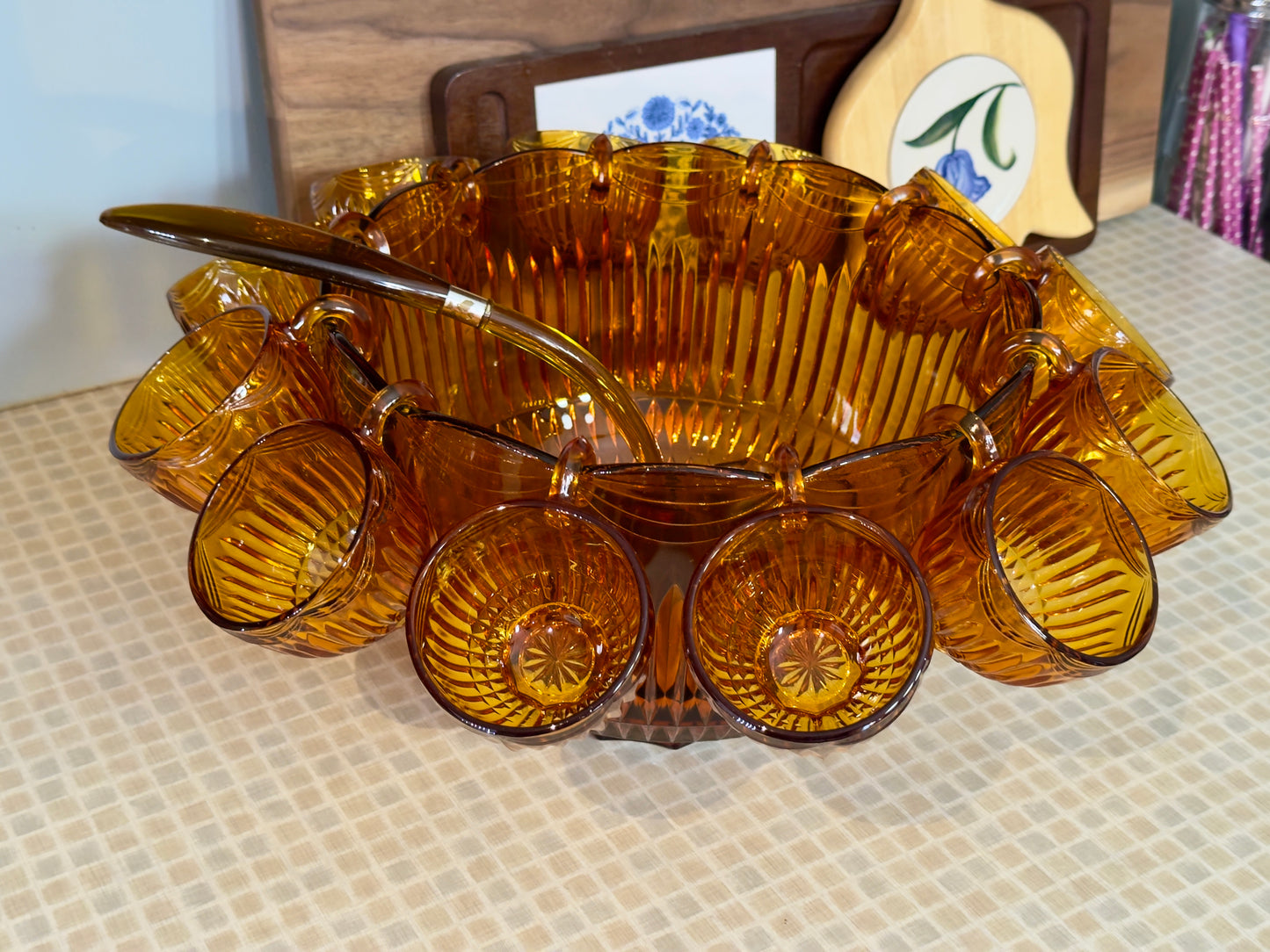 Vintage Amber Colony Royal Drape Punch Bowl & Cups