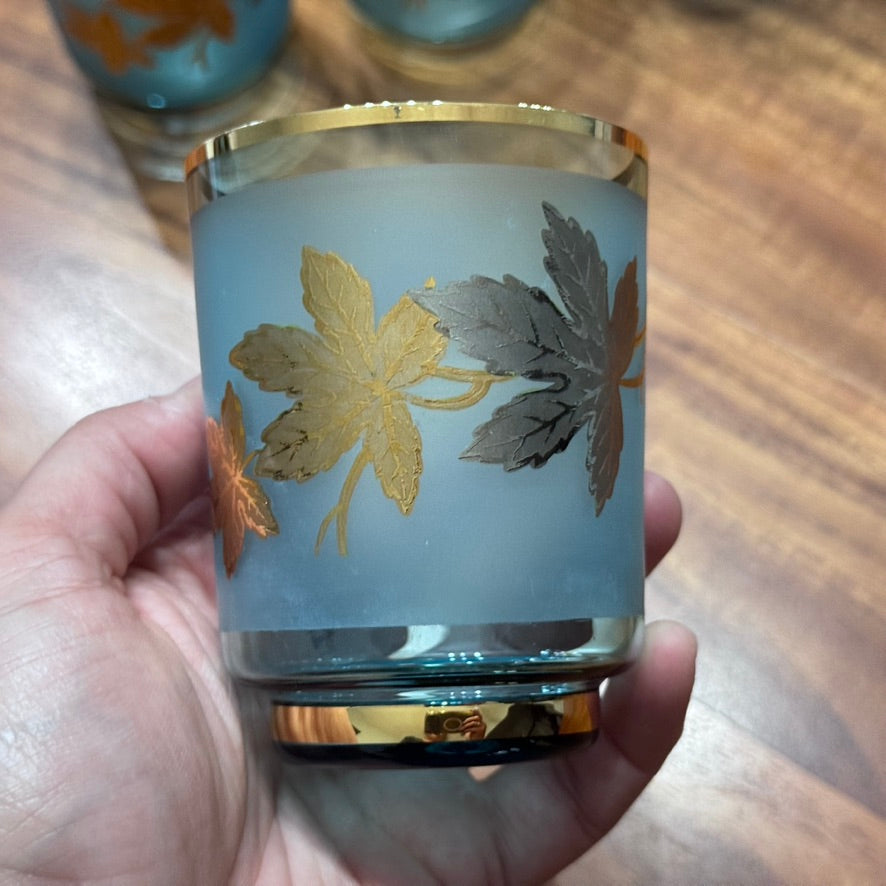 Bohemian Blue Glass with Gold Leaf Motif Design Tumblers