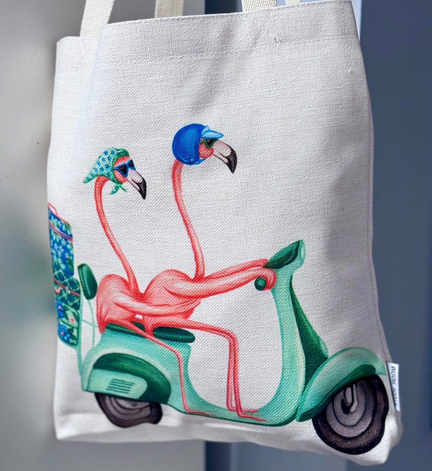 Flamingos on Scooter Tote Bag