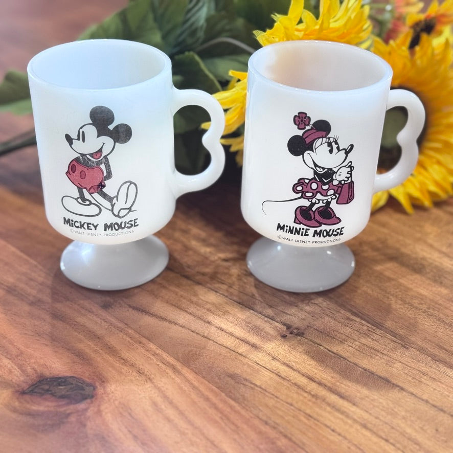 Walt Disney Productions Mickey and Minnie Mouse Milk Glass Mugs
