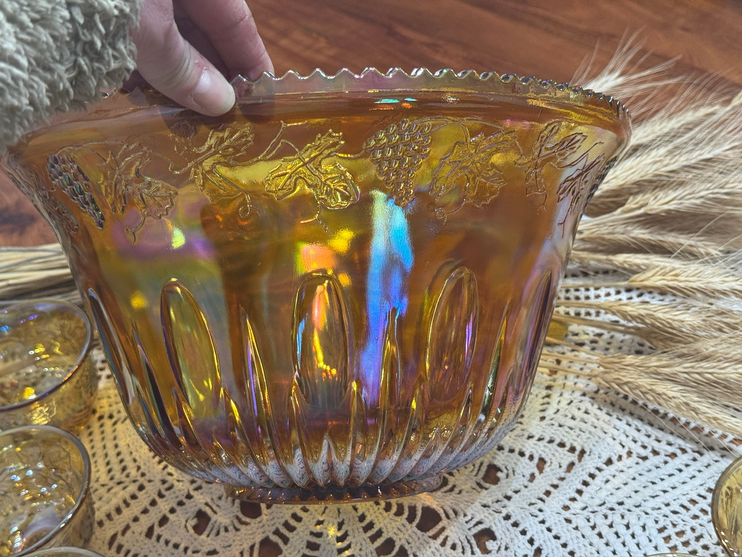 Marigold Indiana Carnival Glass Punch Bowl Set