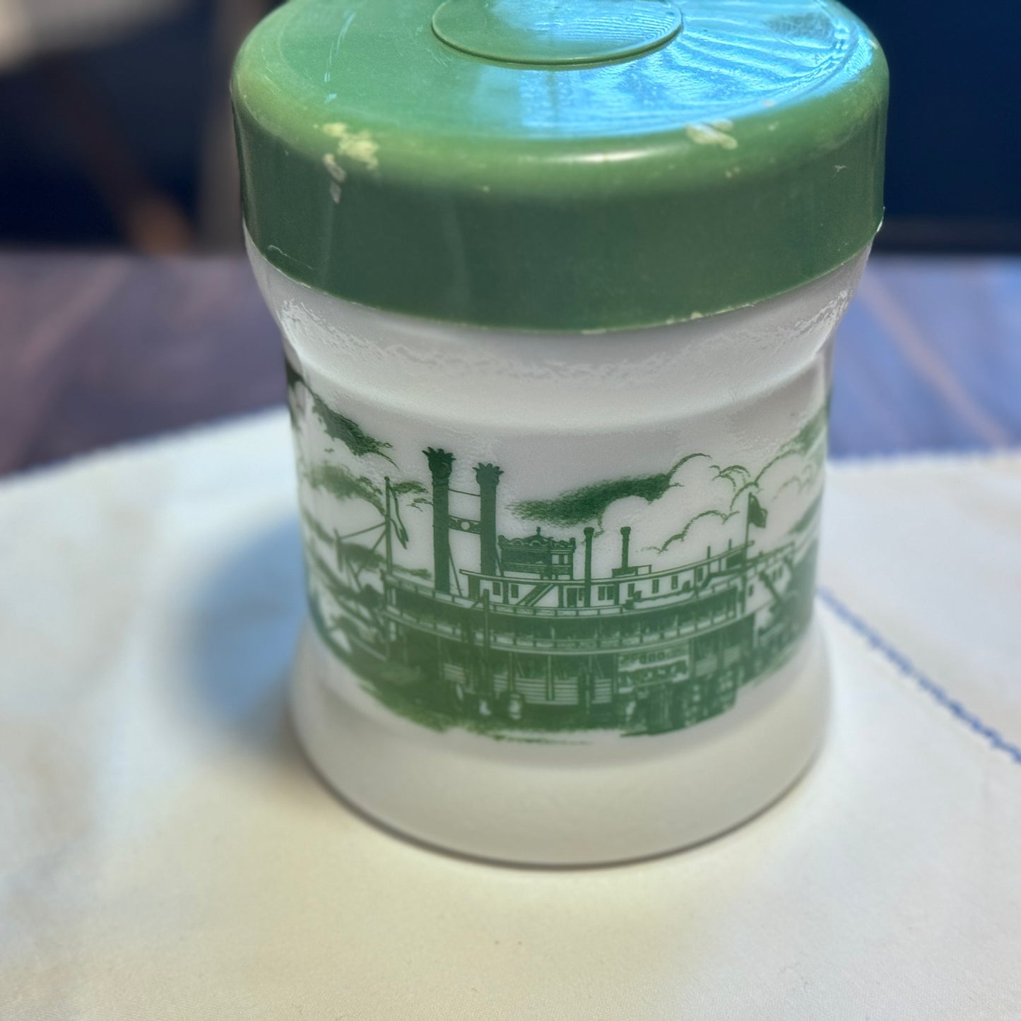 Milk Glass River Boat Canister/Jar