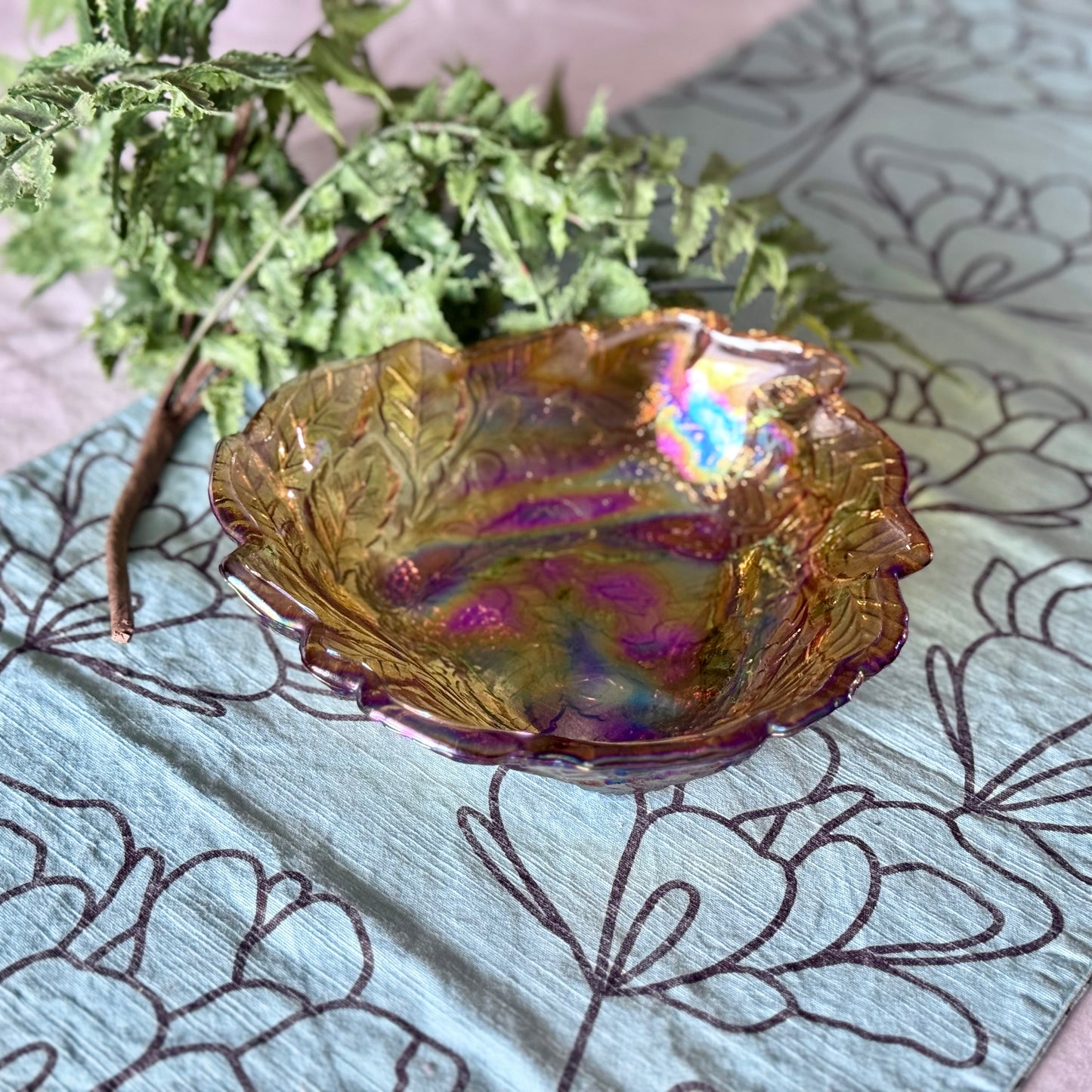Indiana Glass Co Marigold Carnival Glass Triangular Loganberry Leaves Bowl