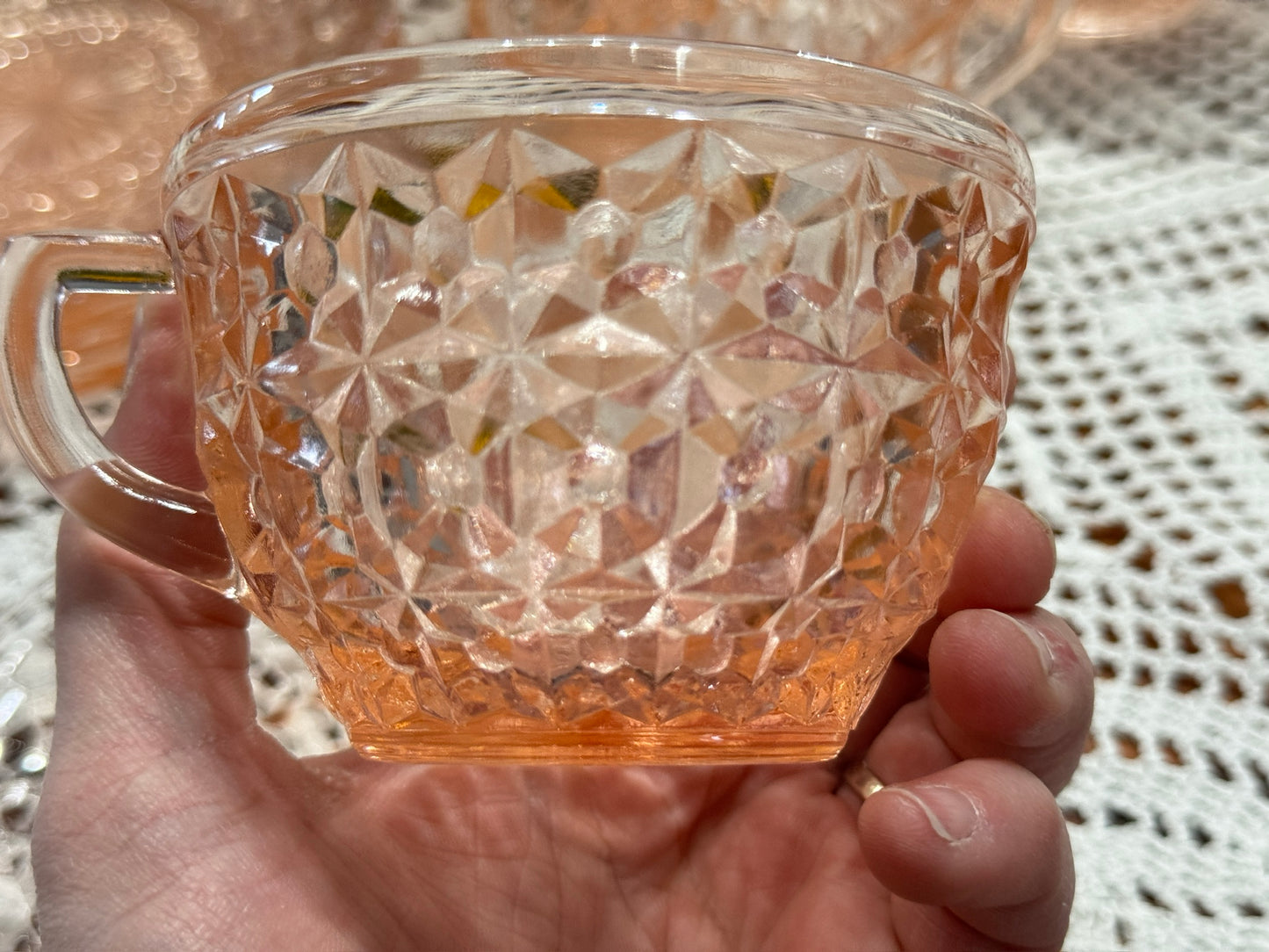 Pink Jeannette Depression Glass 'Holiday Buttons and Bows' Teacup & Saucer Set