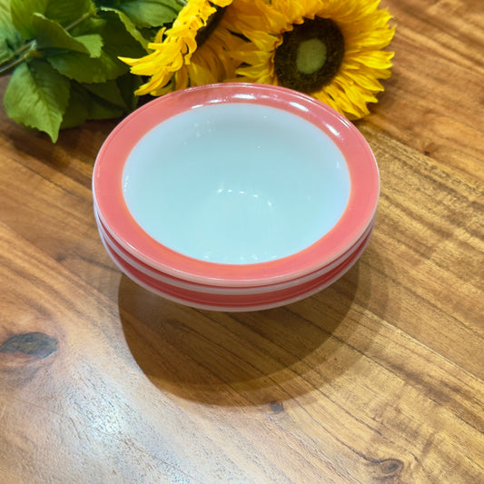 PYREX Milk Glass with Flamingo Pink Band Rim Soup Bowls
