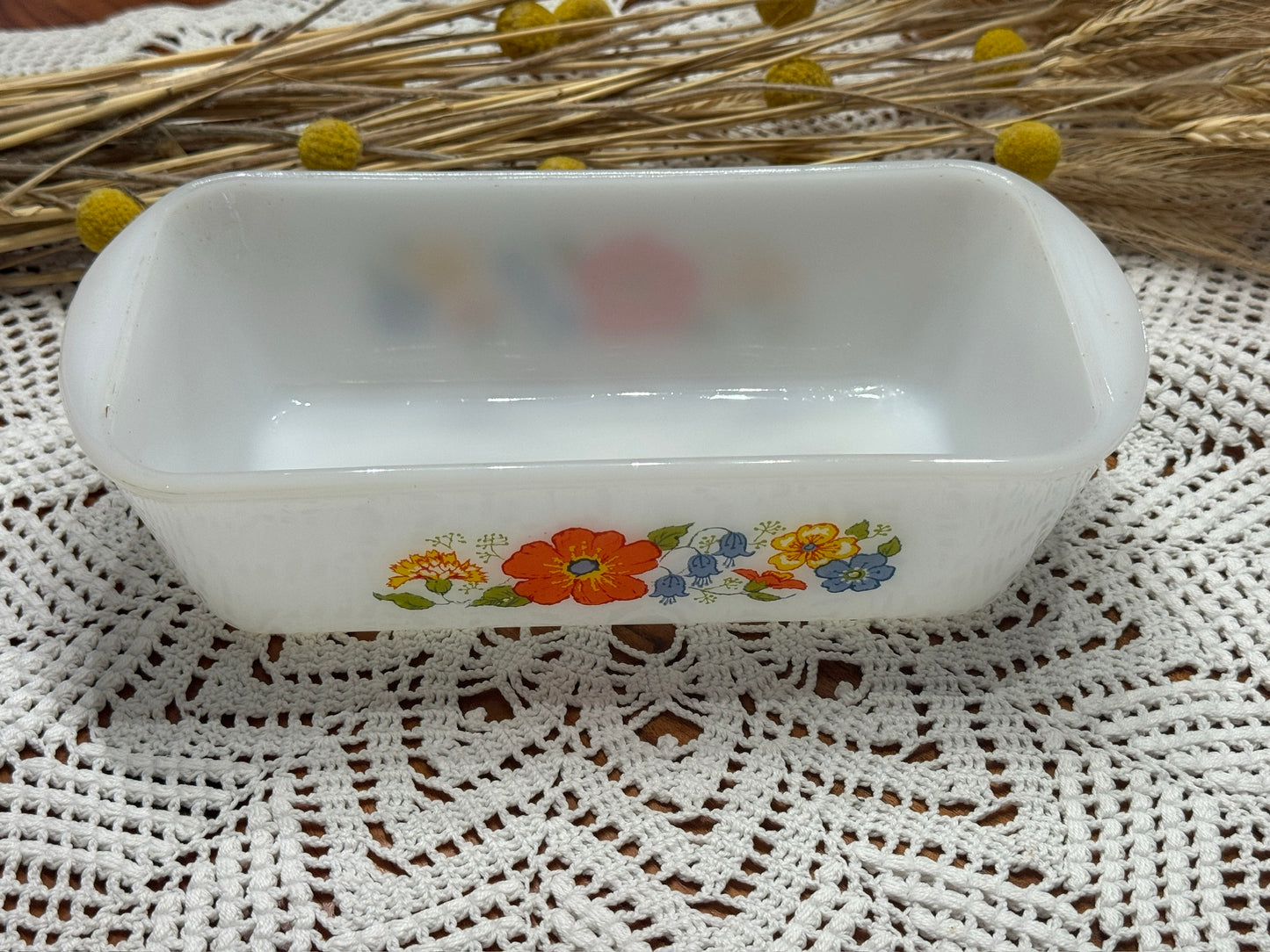 Glasbake Floral Milk Glass Loaf Pan