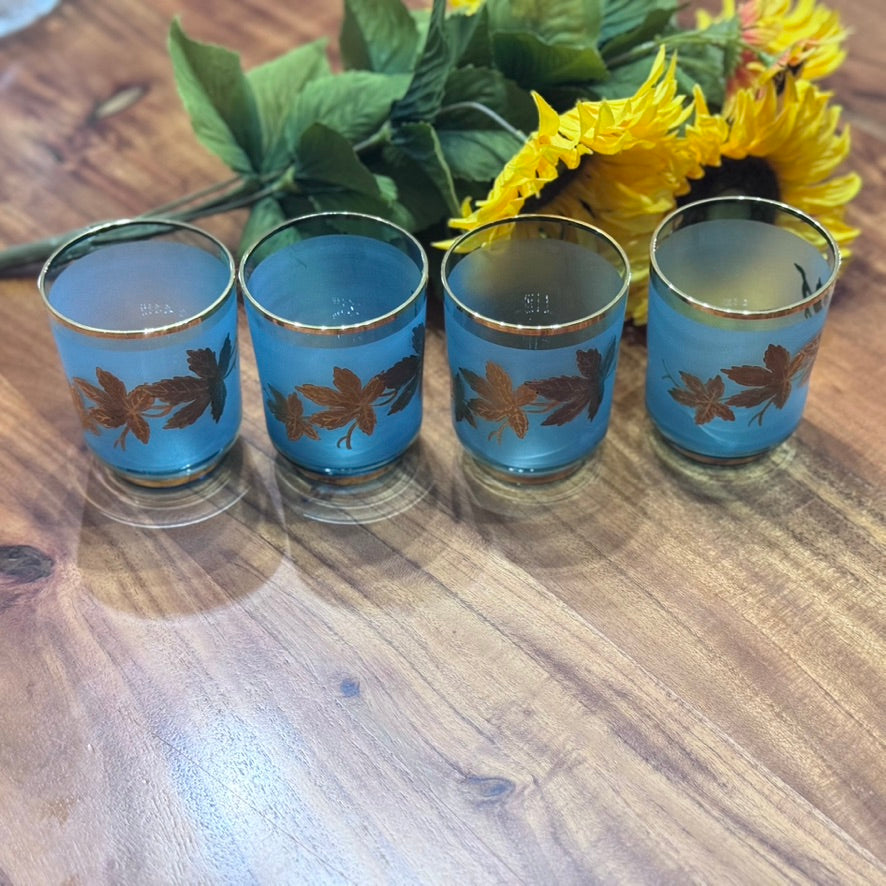 Bohemian Blue Glass with Gold Leaf Motif Design Tumblers