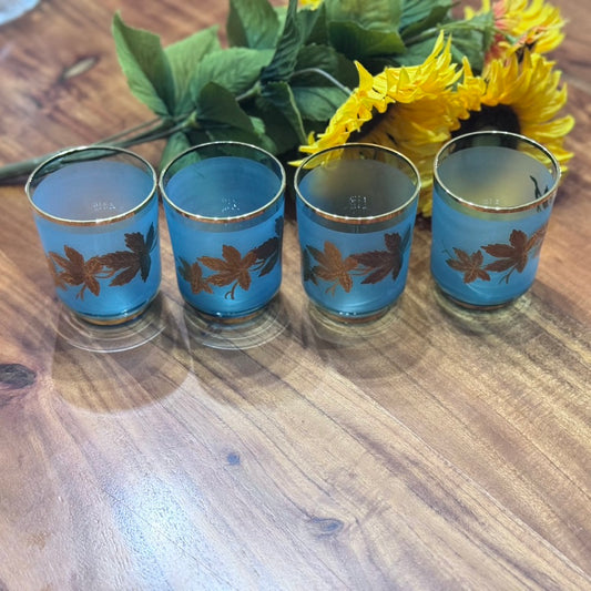 Bohemian Blue Glass with Gold Leaf Motif Design Tumblers