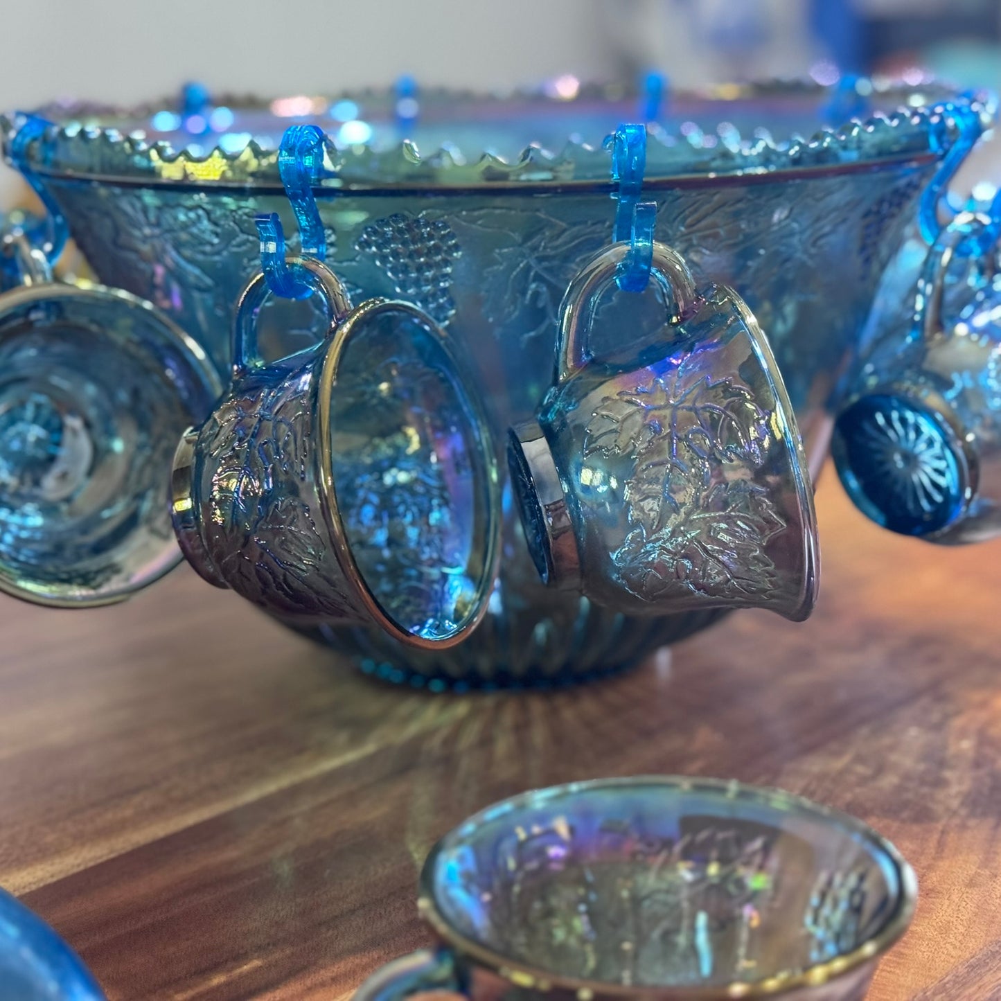 Iridescent Blue Carnival Glass Princess Punch Cups