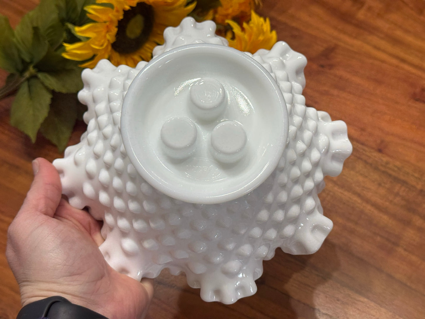 Fenton Hobnail Milk Glass Epergne Ruffled Bowl with Three Horns