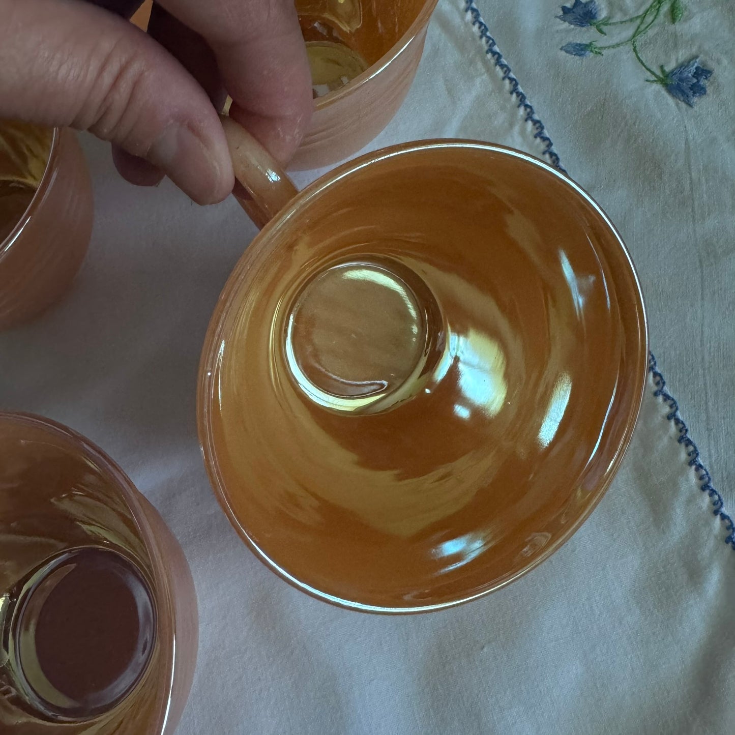 Fire King Peach Lustreware Teacups and Saucers