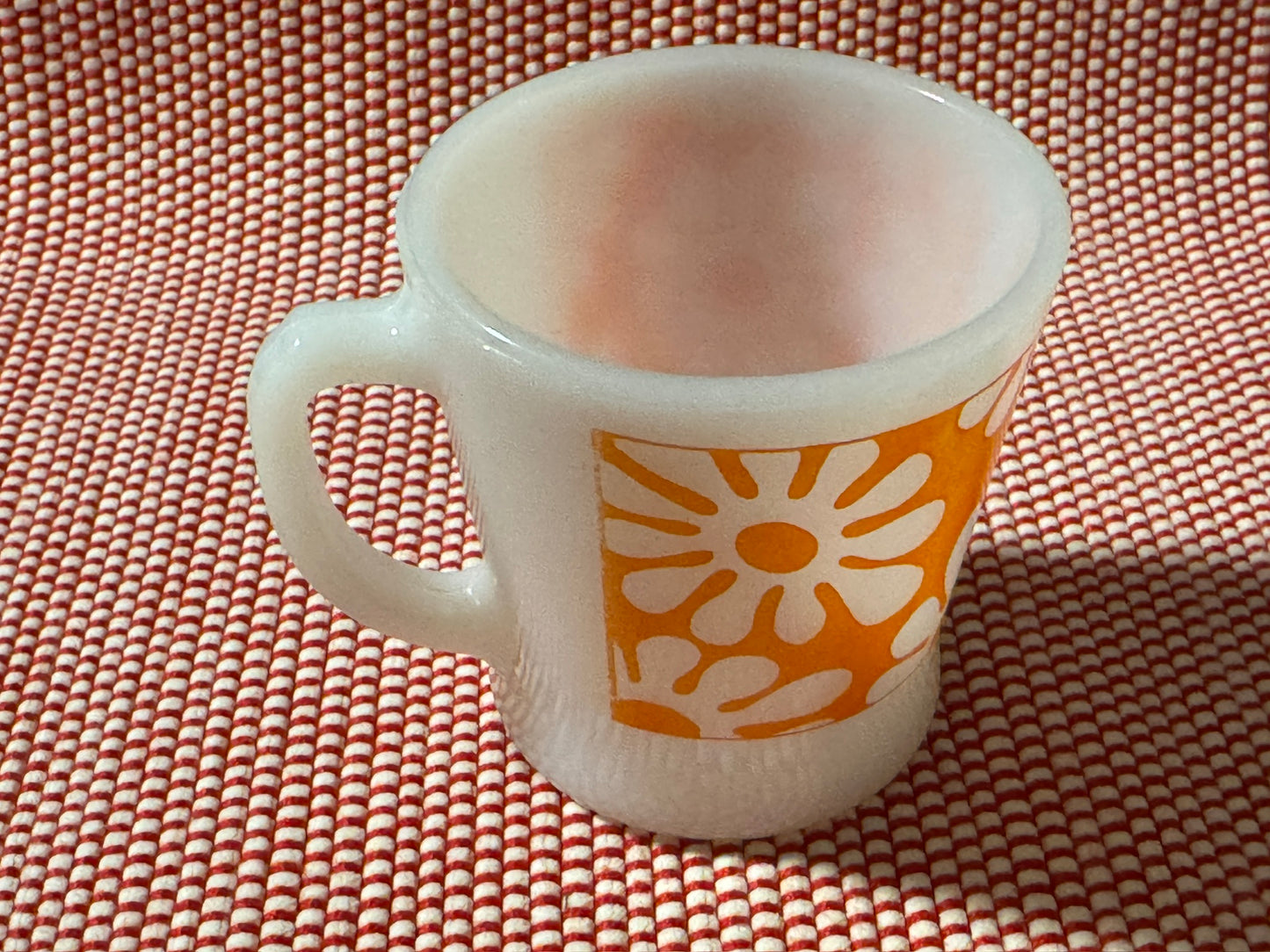 Anchor Hocking Fire-King Orange Flower Power Milk Glass Mug