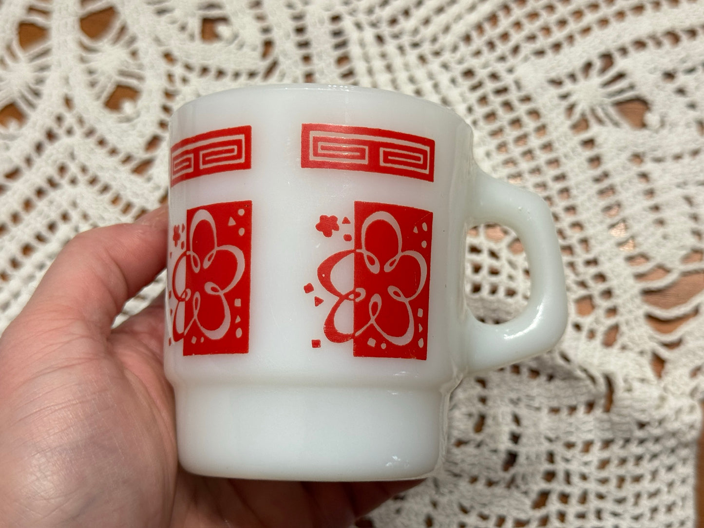 Anchor Hocking Fire-King Stackable Atomic Cloud/Flower Milk Glass Mugs