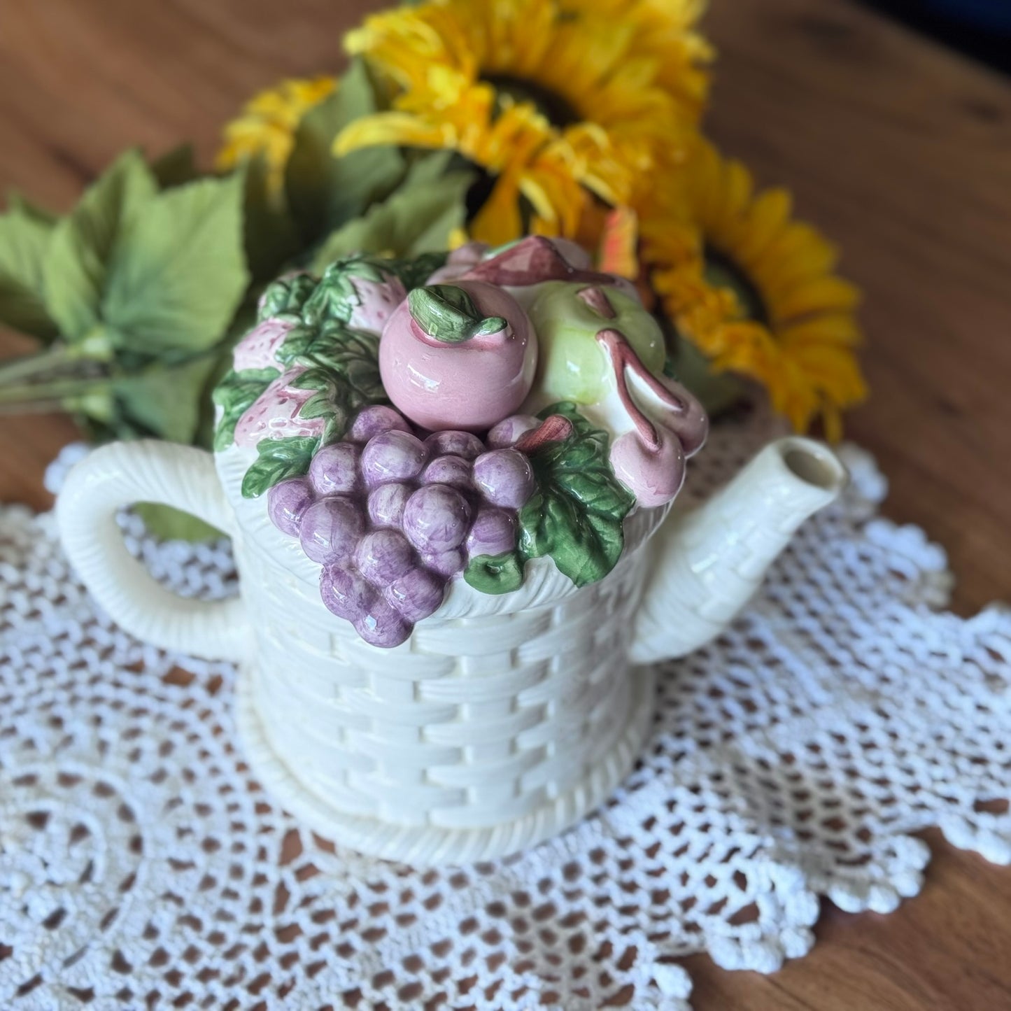 Vintage Basket Weave & Fruit Teapot