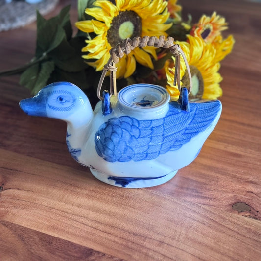 Hand Painted Blue/White Duck Teapot with Bamboo Handle