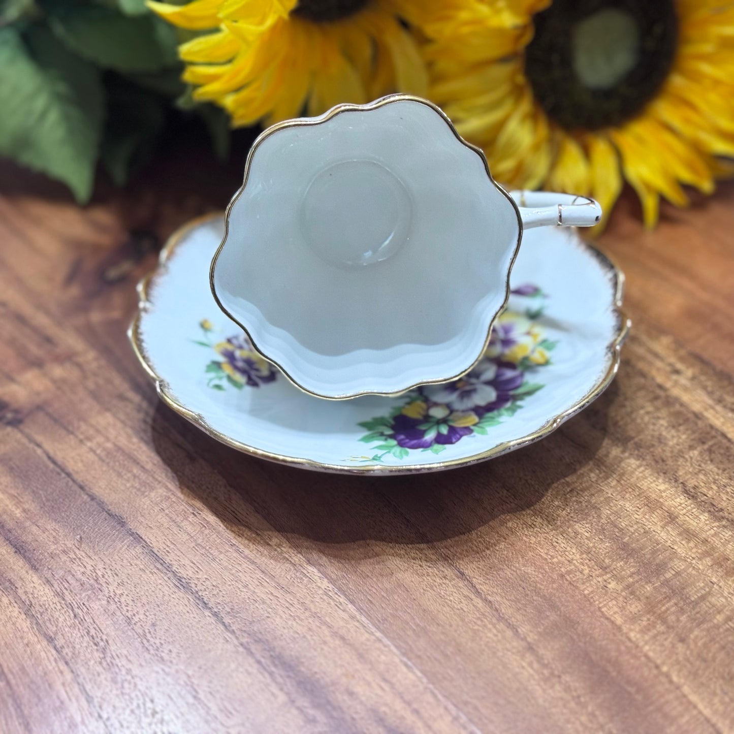 Victoria C & E Bone China Purple Pansy Teacup & Saucer Set