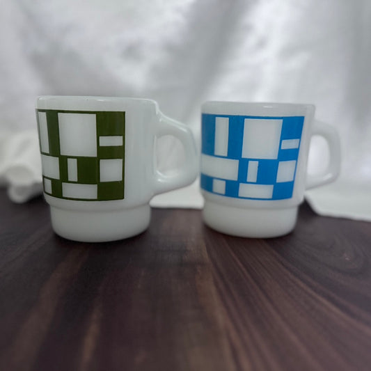 Fire-King Blue/Green Block Pattern Mugs