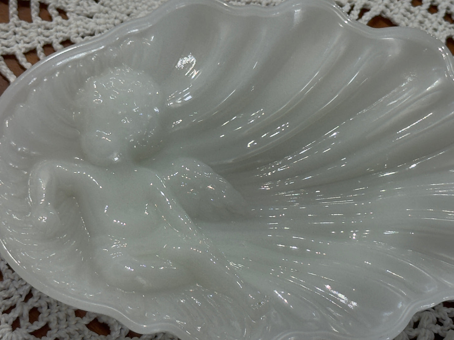 Avon Milk Glass Cherub Clam Shell Dish