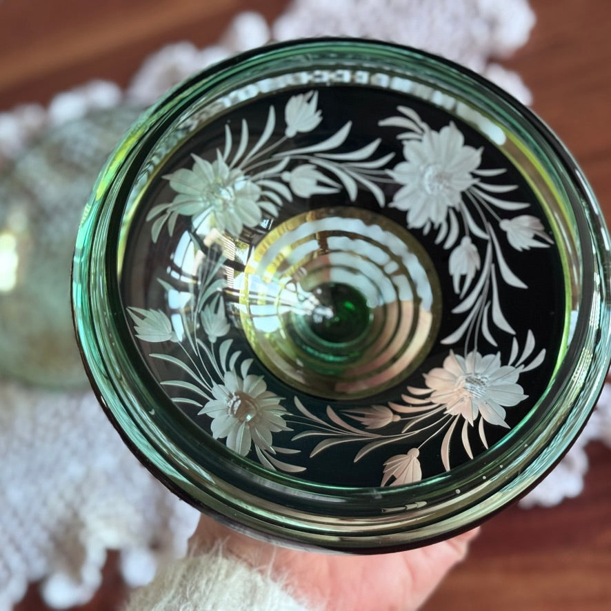 Czech Bohemian Lidded Glass Cut Footed Bowl