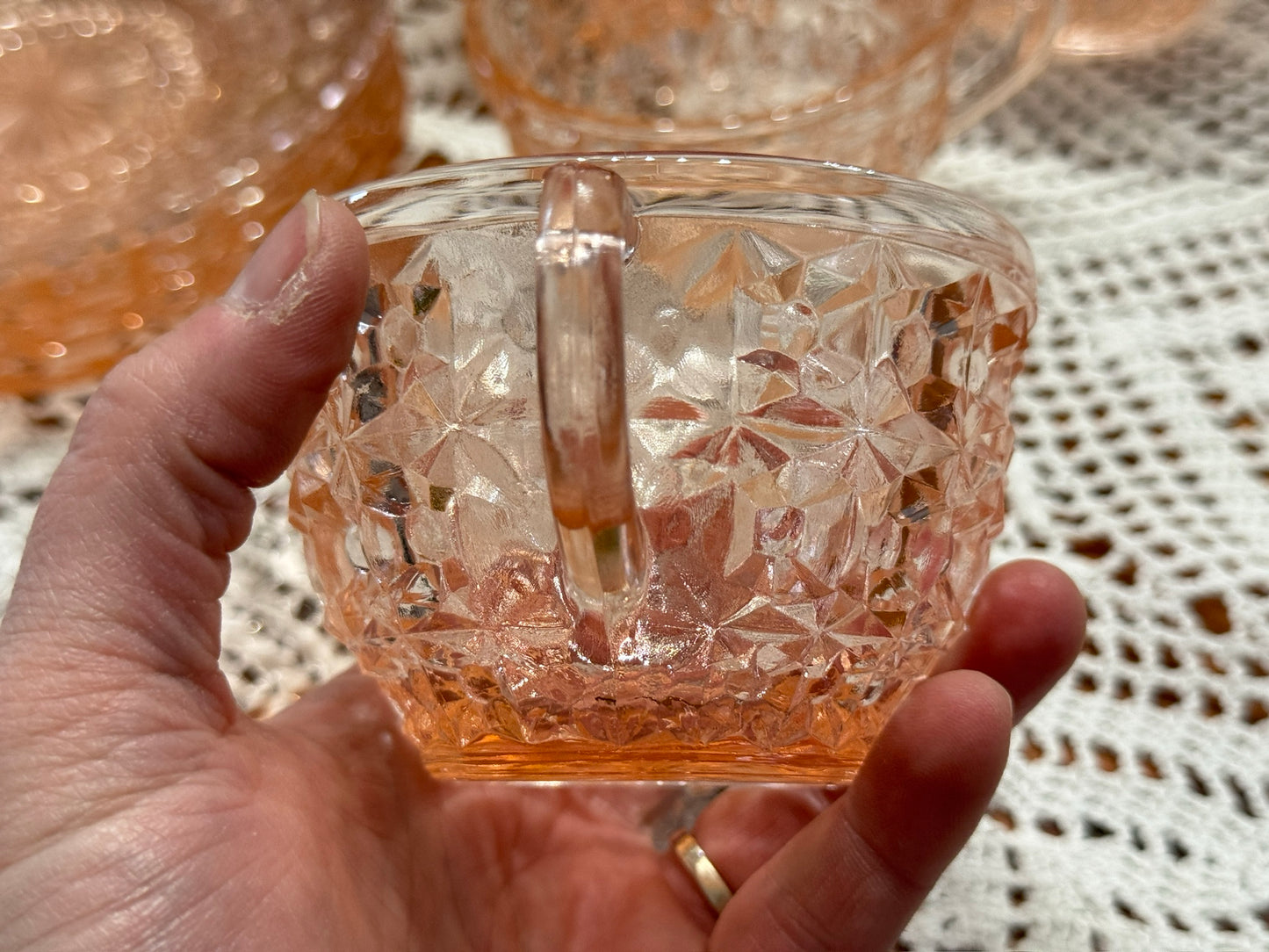 Pink Jeannette Depression Glass 'Holiday Buttons and Bows' Teacup & Saucer Set
