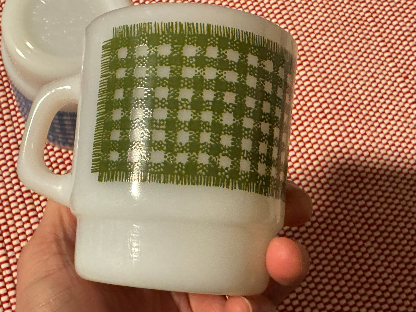 Anchor Hocking Fire-King Stackable Gingham Milk Glass Mugs