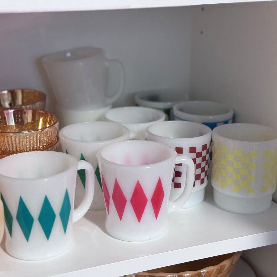 Fire King Red & Green Diamond/Harlequin Mugs