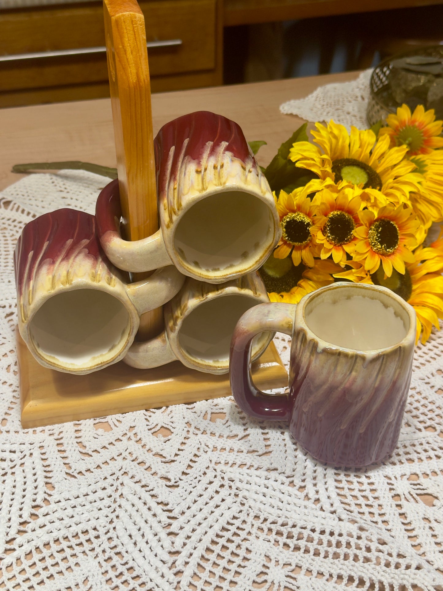 Rodolfo Padilla Stoneware Mugs With Wood Rack
