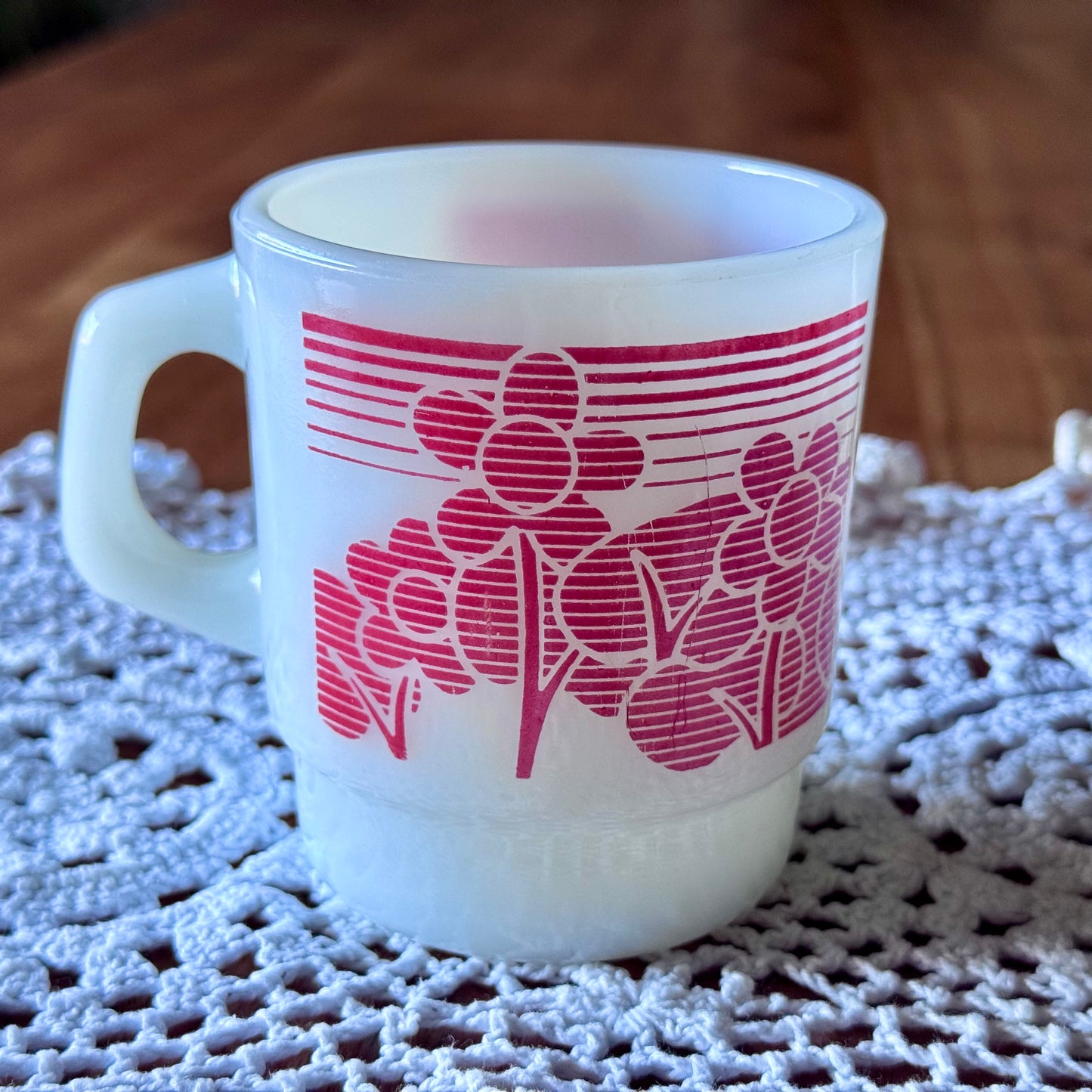 Anchor Hocking Fire-King Milk Glass Red Stripes and Floral Design Mug