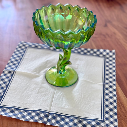 Indiana Green Glass Floral/Lotus Compote/Pedestal Bowl