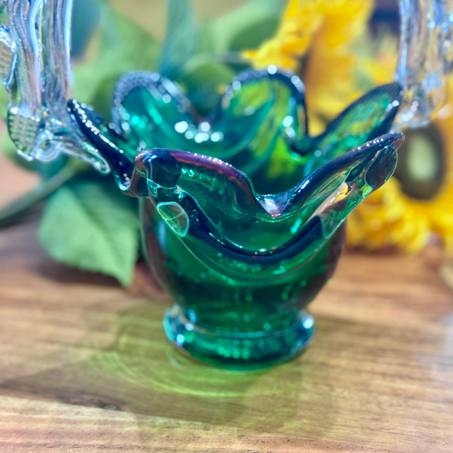 Murano Green Glass Basket Vase