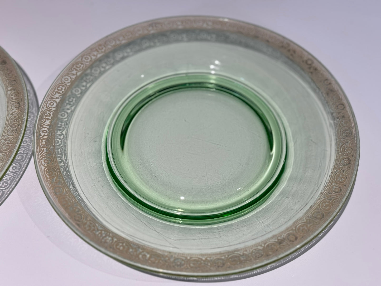 Green Depression Vaseline Uranium Glass Gold Trim Plates