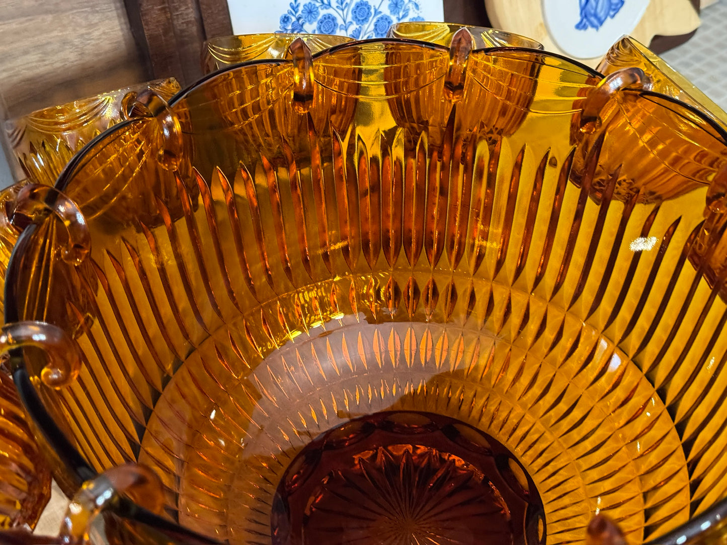 Vintage Amber Colony Royal Drape Punch Bowl & Cups