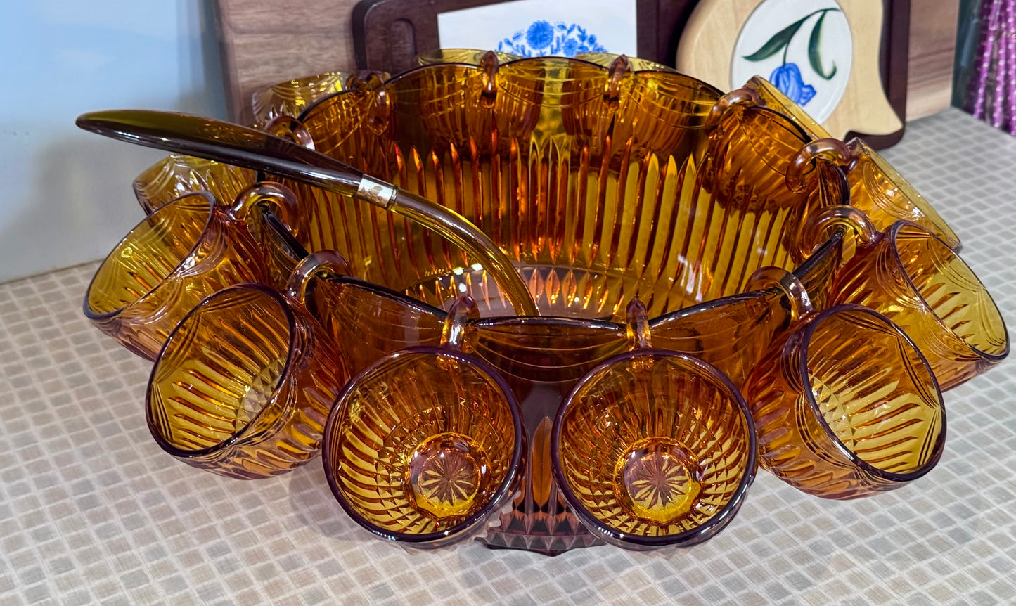 Vintage Amber Colony Royal Drape Punch Bowl & Cups