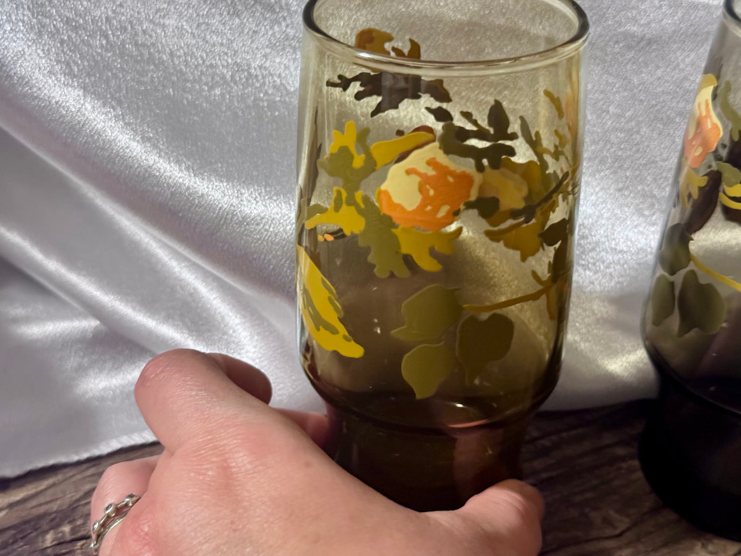 Amber Coloured Floral Drinking Glasses