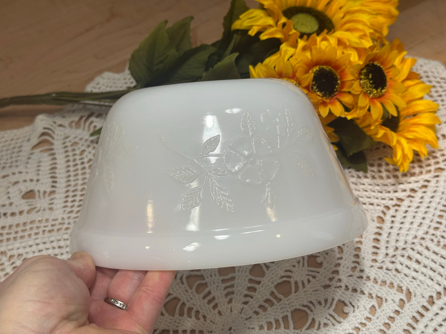 Glasbake Milk Glass Floral Design Mixing Bowl