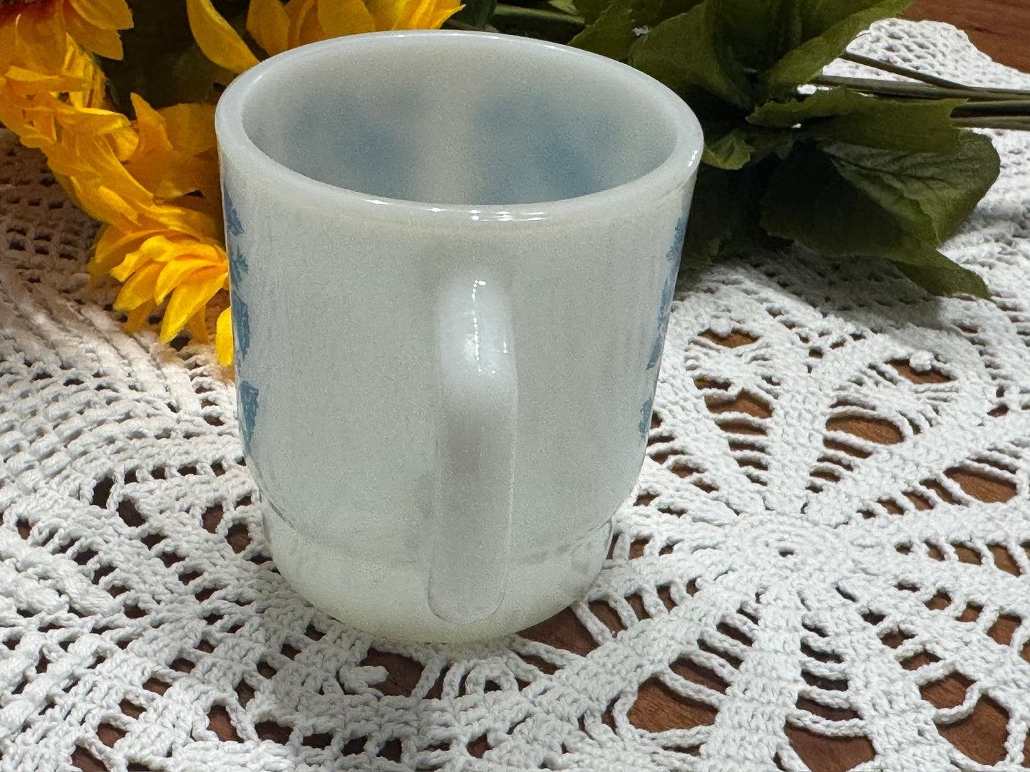 Anchor Hocking Fire King Blue Floral Milk Glass Mug